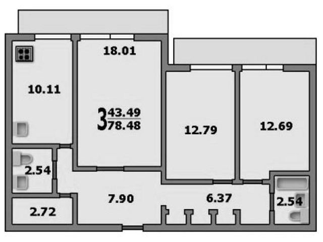 Планировка трехкомнатной квартиры И-700а (2 вариант)