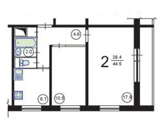 Планировка двухкомнатной квартиры 1605-АМ/12 (1 вариант)