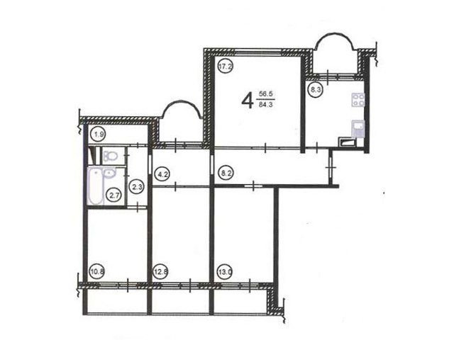 Планировка четырехкомнатной квартиры П-55