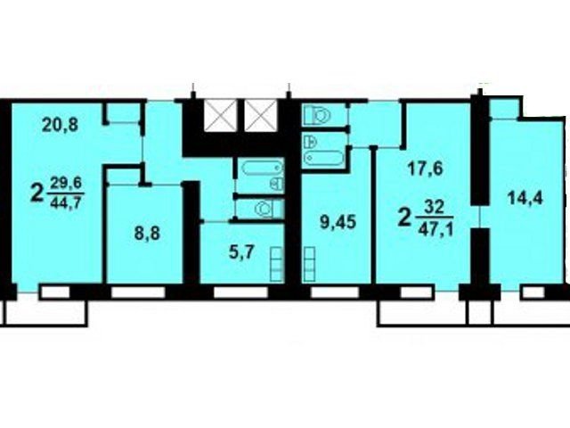 Планировка двухкомнатной квартиры II 18/12 Б (2 вариант)