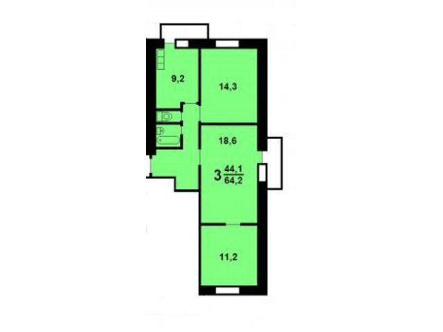 Планировка трехкомнатной квартиры II 18/12 Б